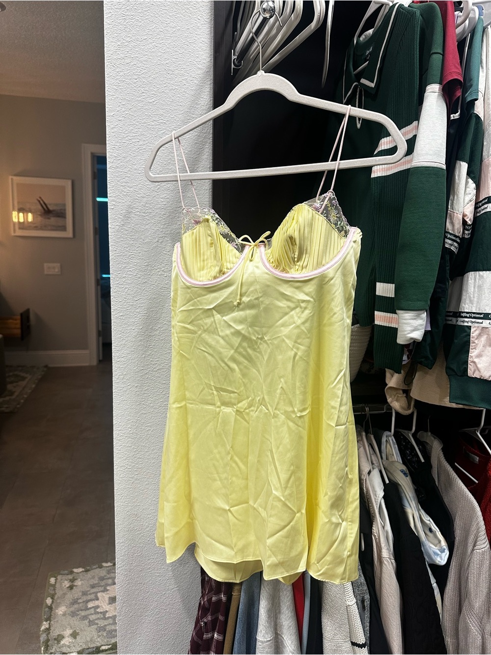 For Love & Lemons Yellow Slip Mini Dress with Pink Trim